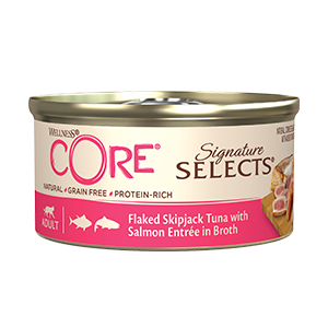 wellness core cat signature fiocchi di tonno e salmone scatolette