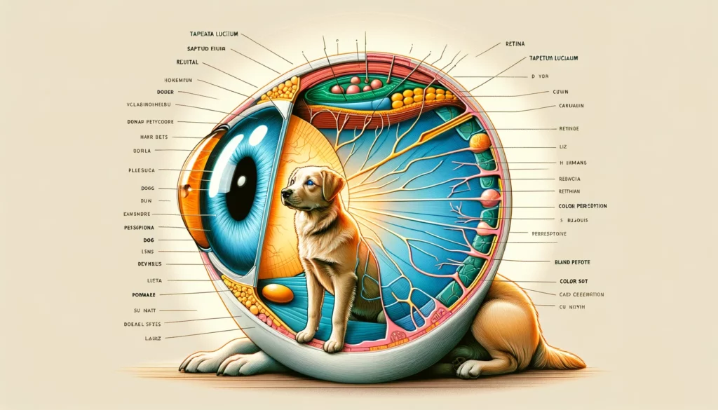 DALL·E 2024 02 23 18.10.01 Create a 16 9 image that illustrates the anatomy of a dogs eye and its field of vision. The image should depict a cross section of a dogs eye highl