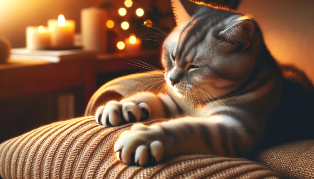 Perché i Gatti Fanno la Pasta: Una Guida Completa per gli Amanti dei Gatti 1 DALL·E 2024 02 24 14.33.05 Create a visually engaging image that captures the essence of an article about why cats knead. The image should depict a cat comfortably kneading on a