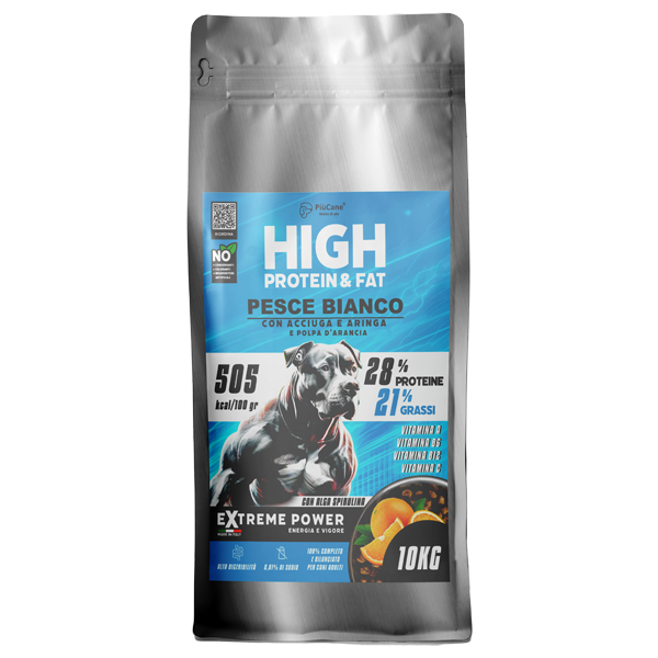 PiuCane Extreme Power Pesce Bianco con Acciuga e Aringa e polpa d'arancia 10 kg 2 pesce bianco e arancia