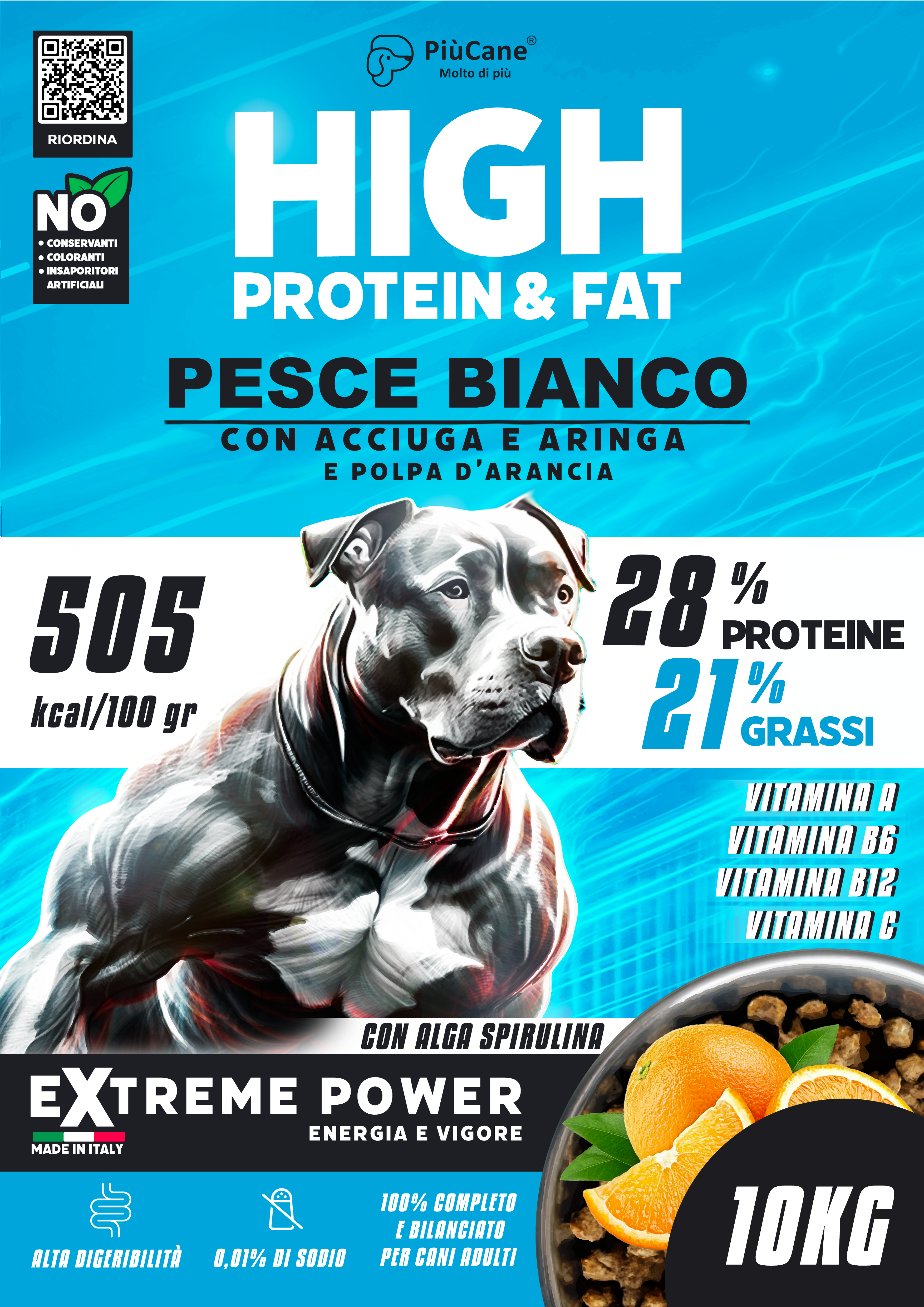 PiuCane Extreme Power Pesce Bianco con Acciuga e Aringa e polpa d'arancia 10 kg 3 ADULT PESCE BIANCO CON ARANCIA 10 KG