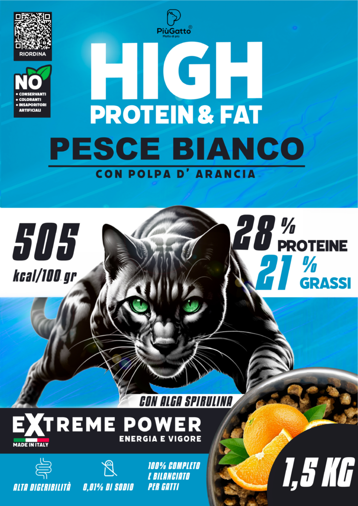 PiuGatto Extreme Power Pesce Bianco con Polpa d'Arancia Gatto Crocchette 1,5kg 2 GATTO PESCE ARANCIA