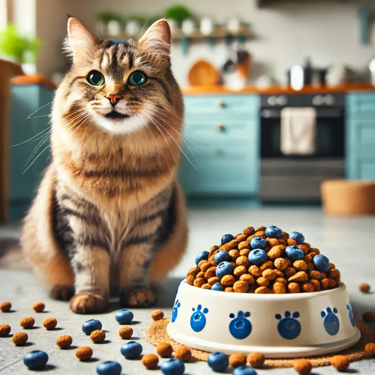 Gatto sano e felice che mangia crocchette contenenti mirtillo criolifilizzato, simbolo di salute e nutrizione naturale