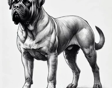 Boerboel cane da guardia sudafricano, illustrazione a matita su sfondo bianco, che mostra muscolatura e testa grande.