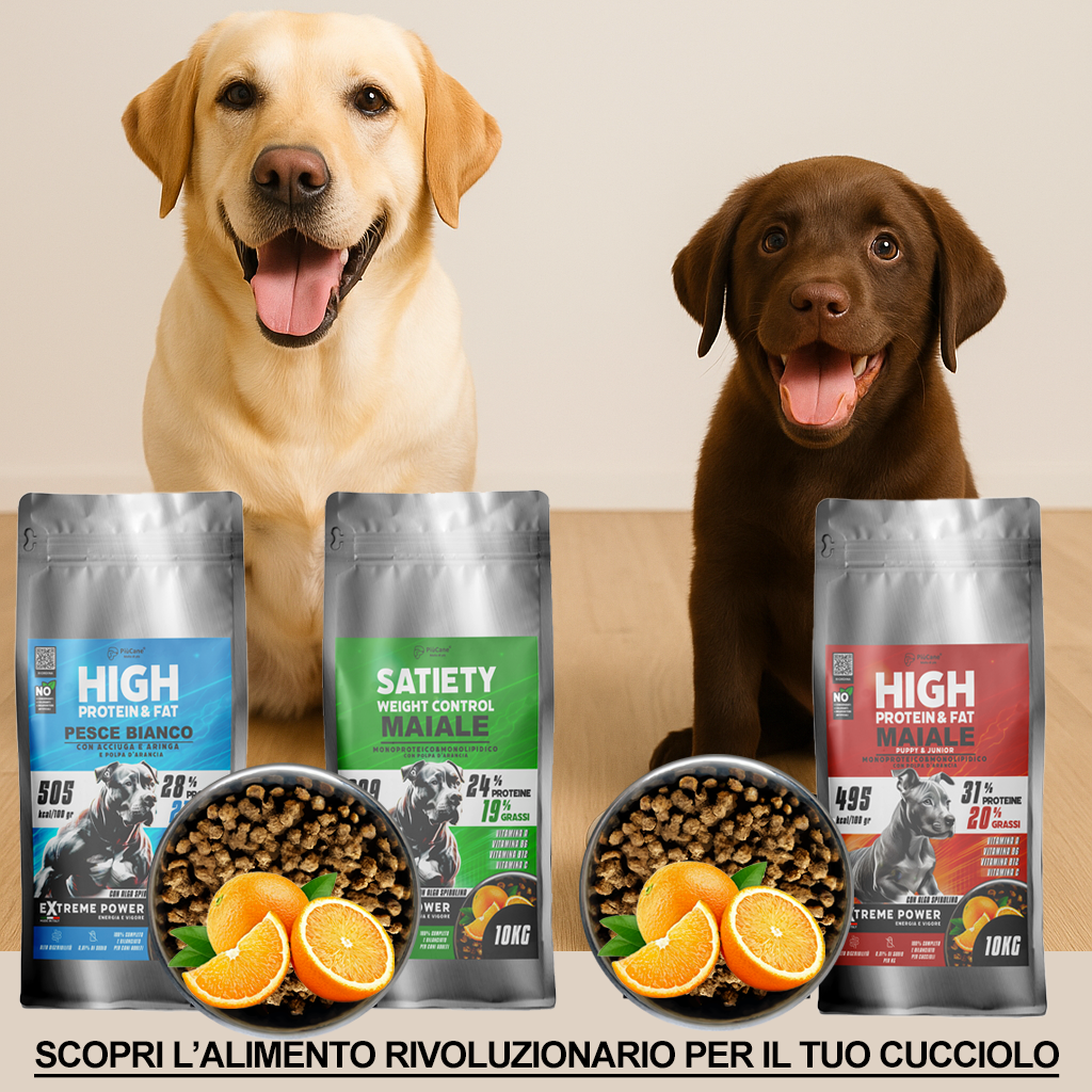 Come nutrire un cucciolo: guida base all’alimentazione del cane 1 Crocchette per cuccioli AlanDog con maiale, arancia e pesce bianco