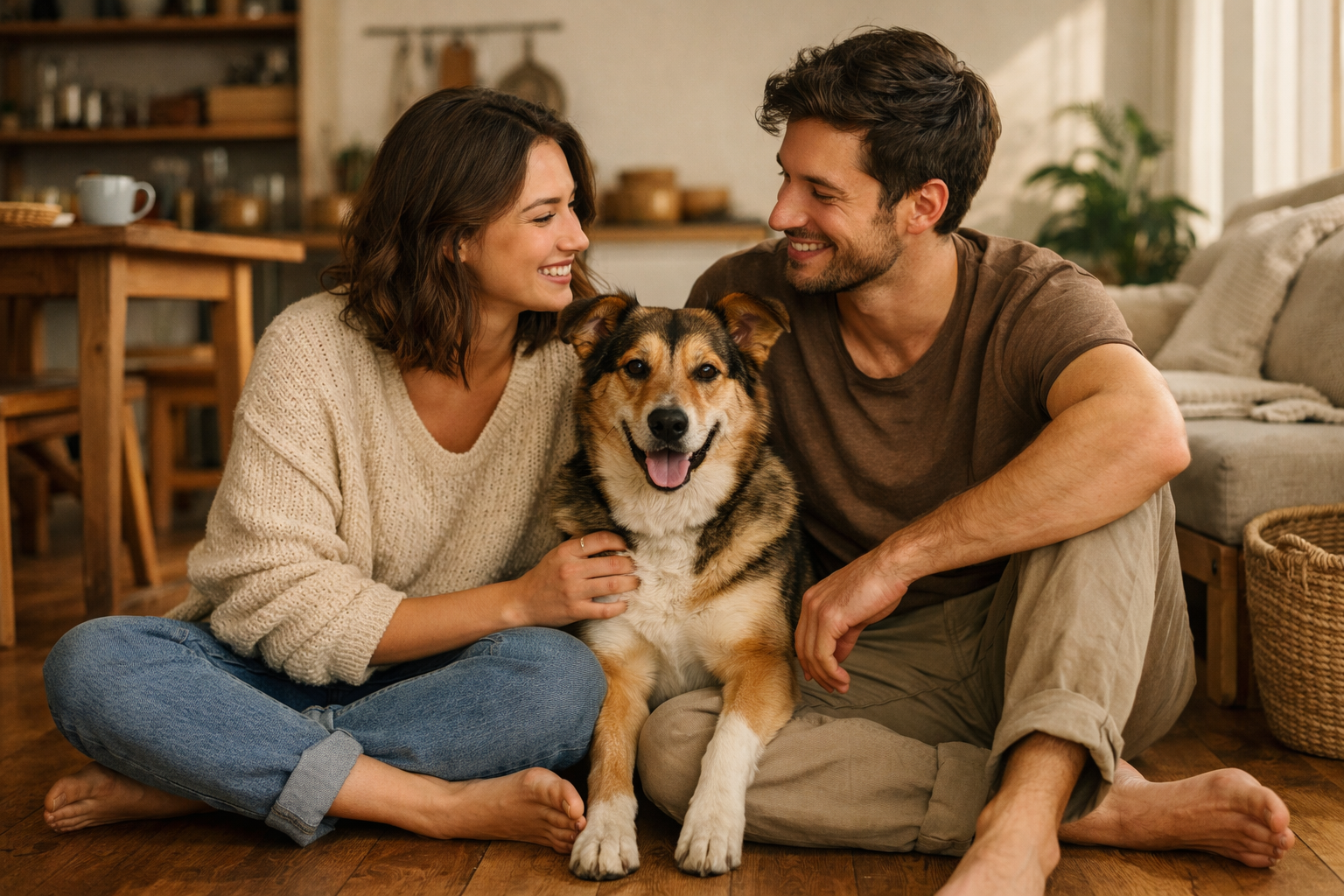 Coppia italiana con cane in salotto - La storia di AlanDog pet food