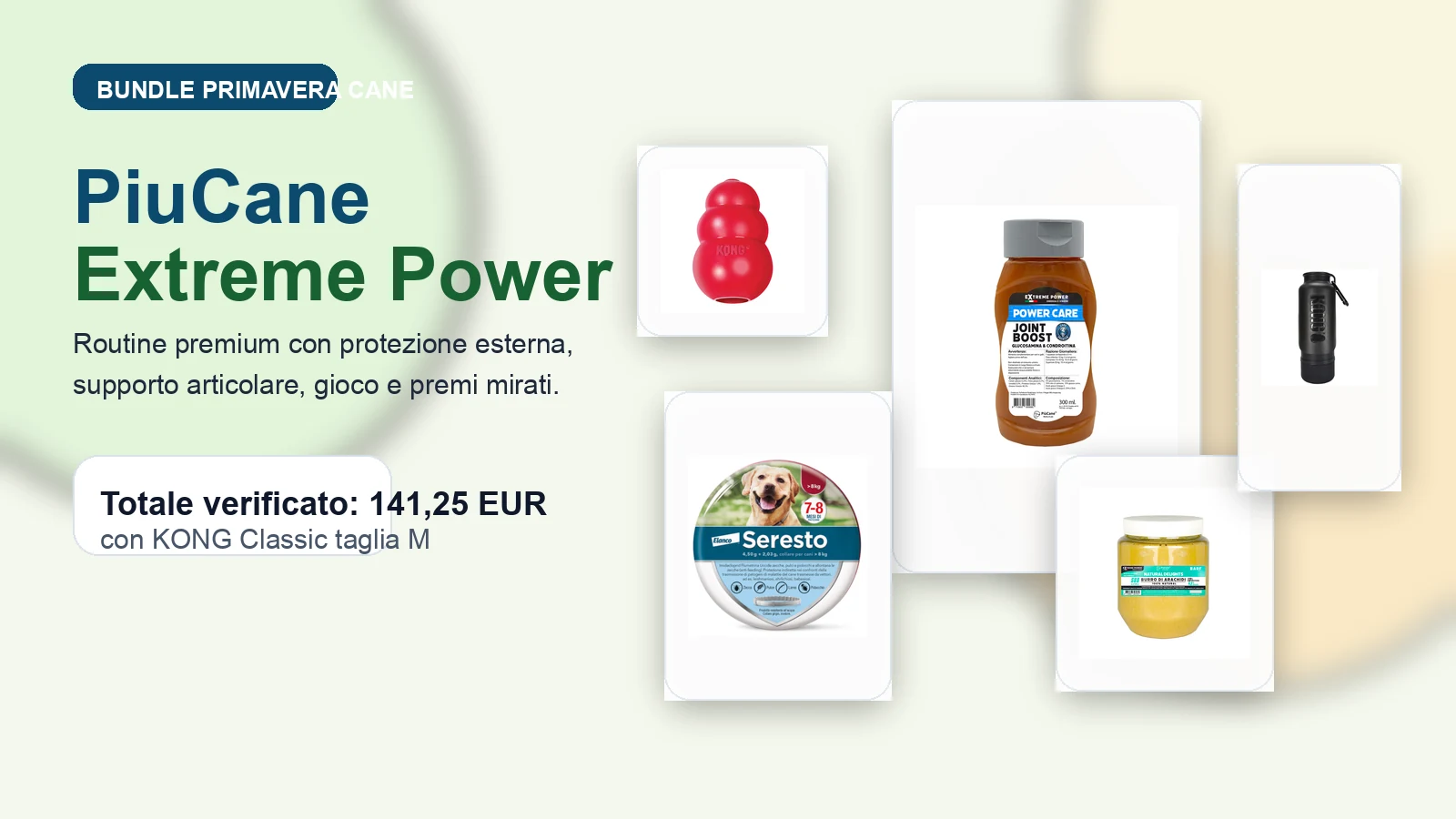 Bundle primavera cane con PiuCane Extreme Power, Seresto, KONG Classic e borraccia KONG