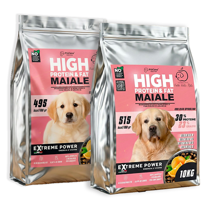 PiùCane Extreme Power High Protein Fat Edizione Allevamento Valle della Mela – crocchette monoproteiche maiale per Golden Retriever